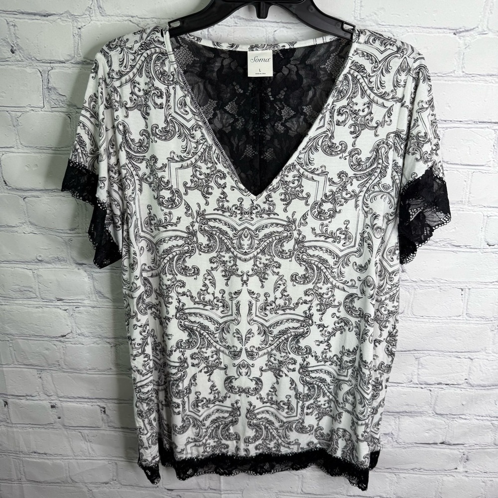 SOMA Black & White Lace Pajama Short Set Large Medium